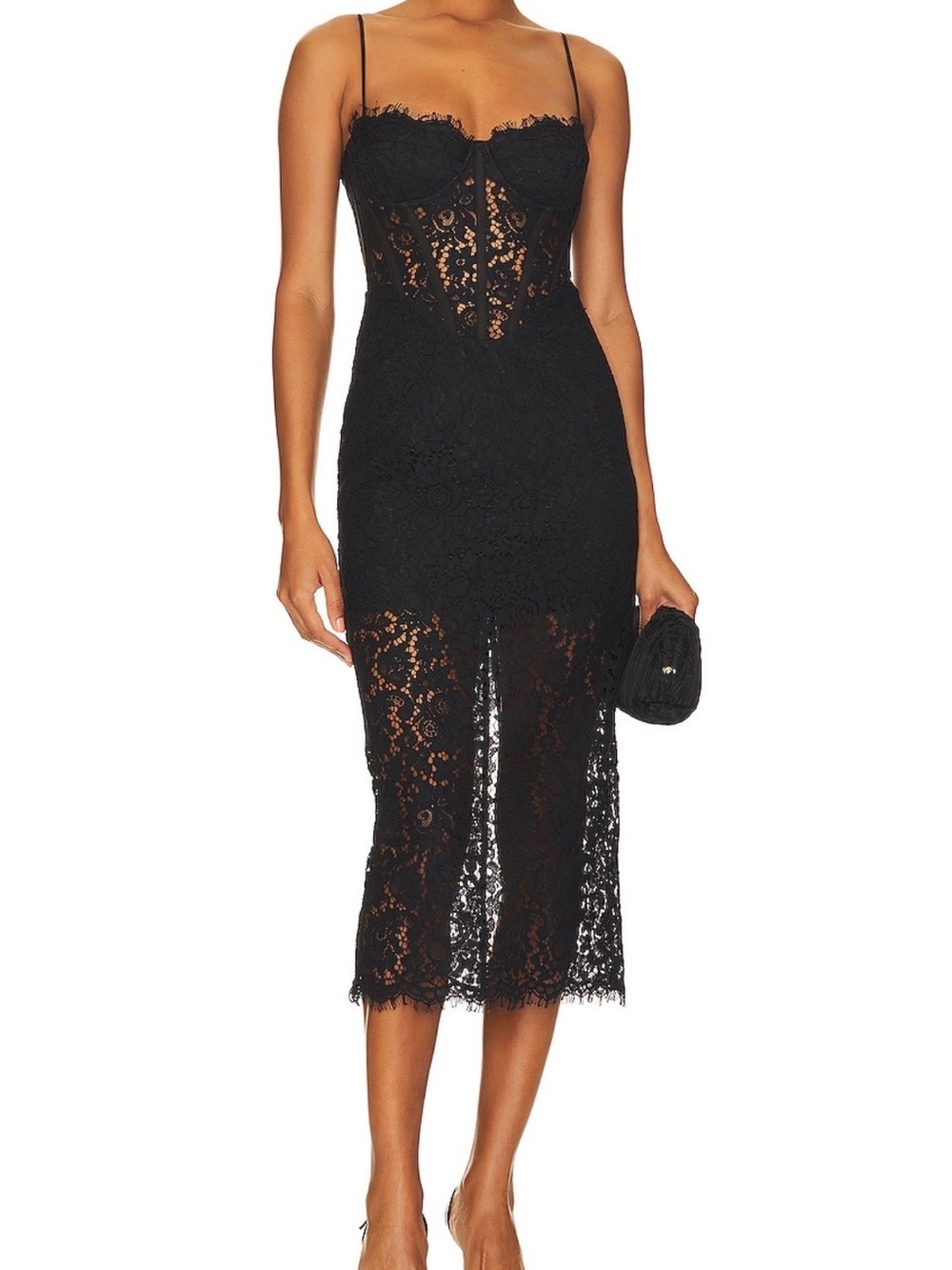 Bardot Black Lace Midi Dress Corset dress with Spaghetti Straps Small